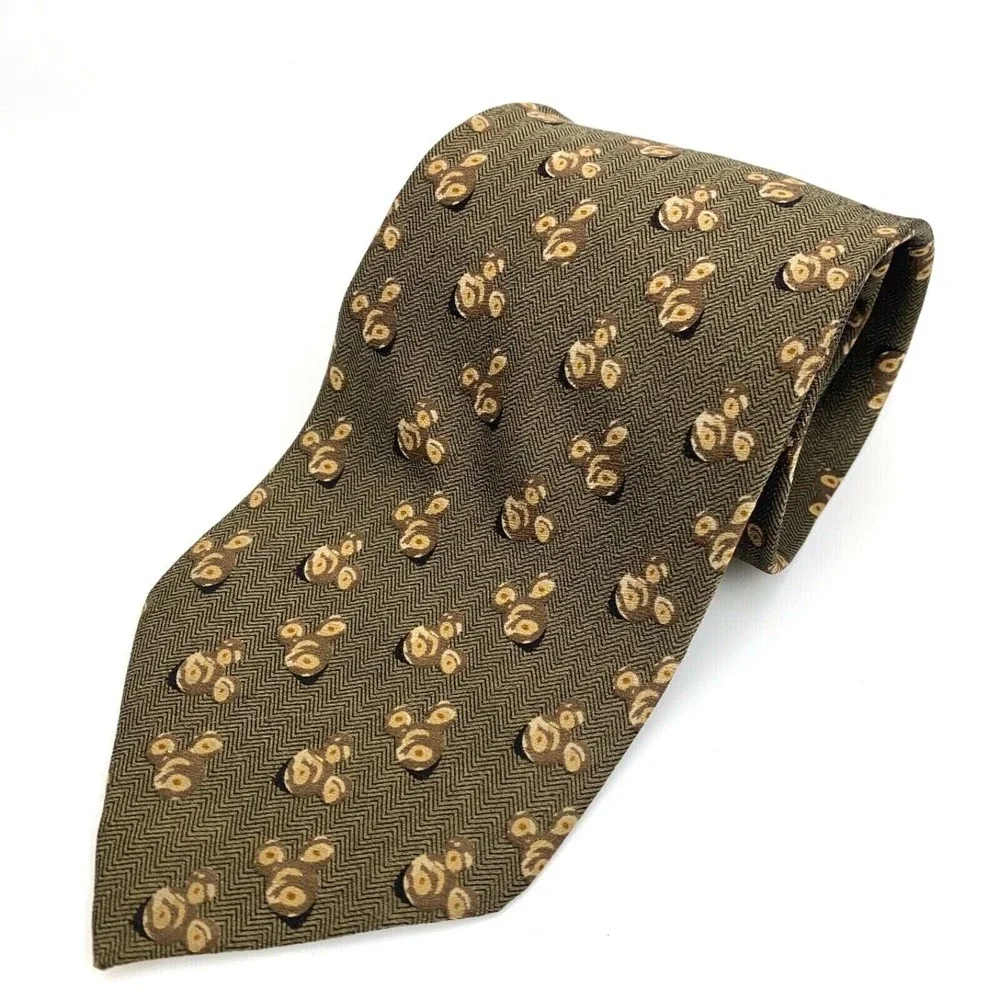 Walt Disney World Tie Silk Khaki Green Brown Men's Hand Made Mickey Head Necktie